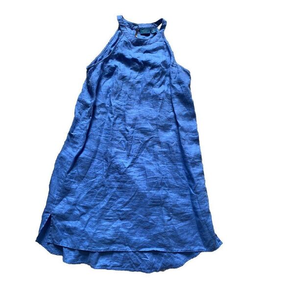 Antibes Blanc Dress Linen Blue Periwinkle Mid Length Halter Neck Medium Shift - Picture 1 of 6